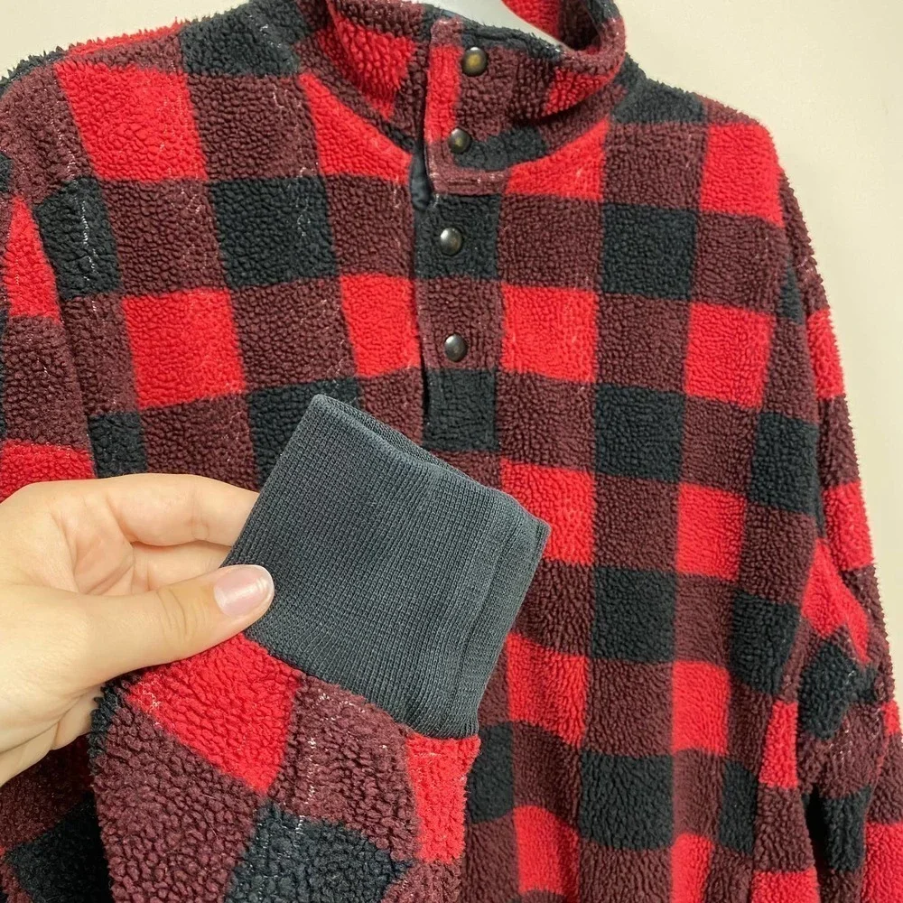 J.CREW Sweater Pullover Buffalo Plaid Check Fleece Shearling Sherpa Snap Size M
